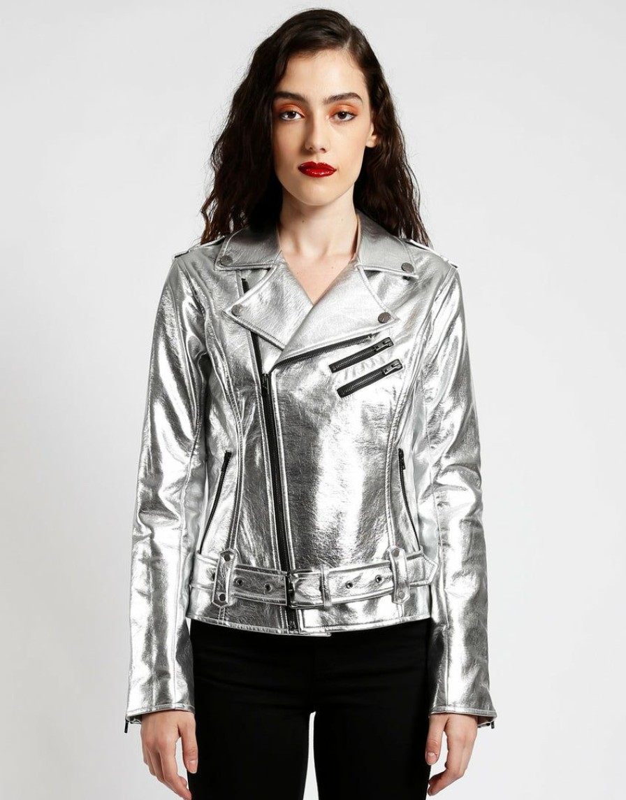 Women * | Trippnyc.Com Women Metallic Moto Silver