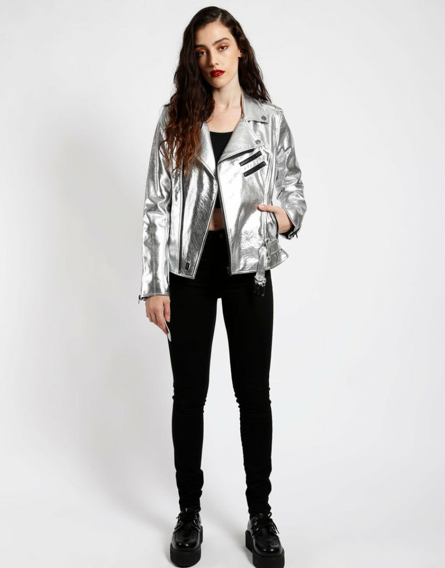 Women * | Trippnyc.Com Women Metallic Moto Silver