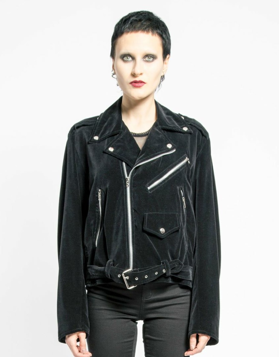 Women * | Trippnyc.Com Women Velvet Moto Jacket Black