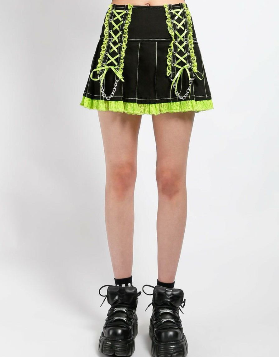 Women * | Trippnyc.Com Women Lolita Pleated Skirt Lime Black/Lime