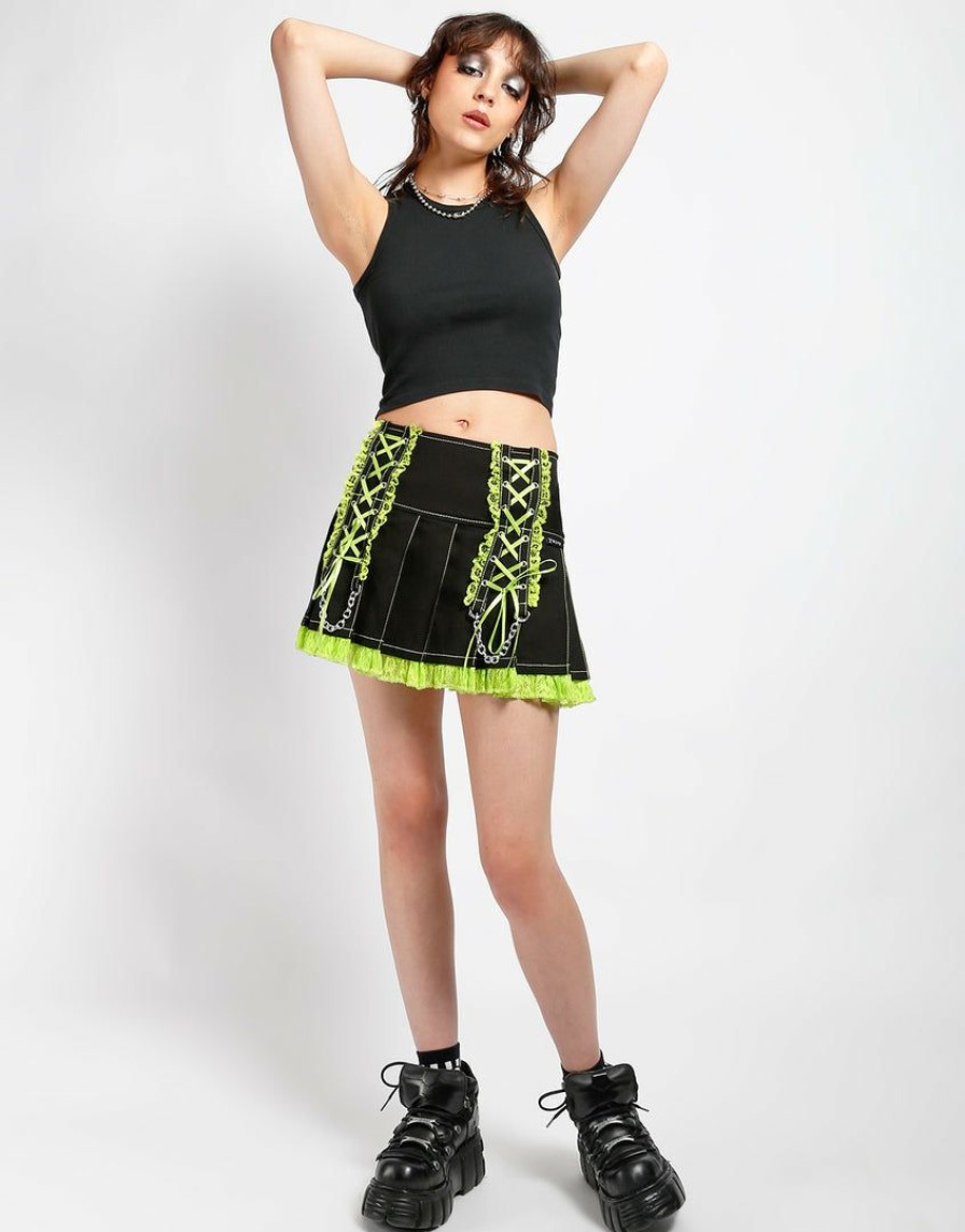 Women * | Trippnyc.Com Women Lolita Pleated Skirt Lime Black/Lime