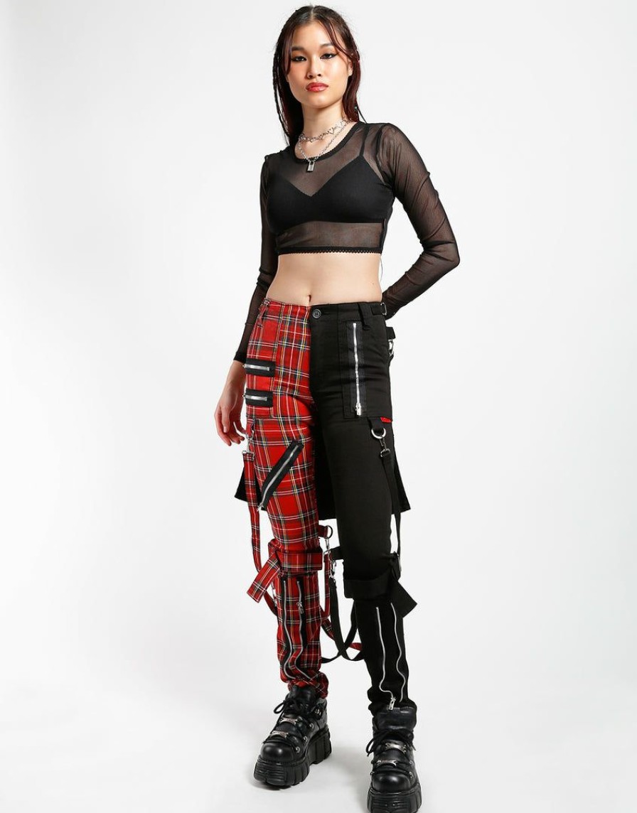 Women * | Trippnyc.Com Women Split Leg Bumflap Pant Red Plaid Red/Black Plaid