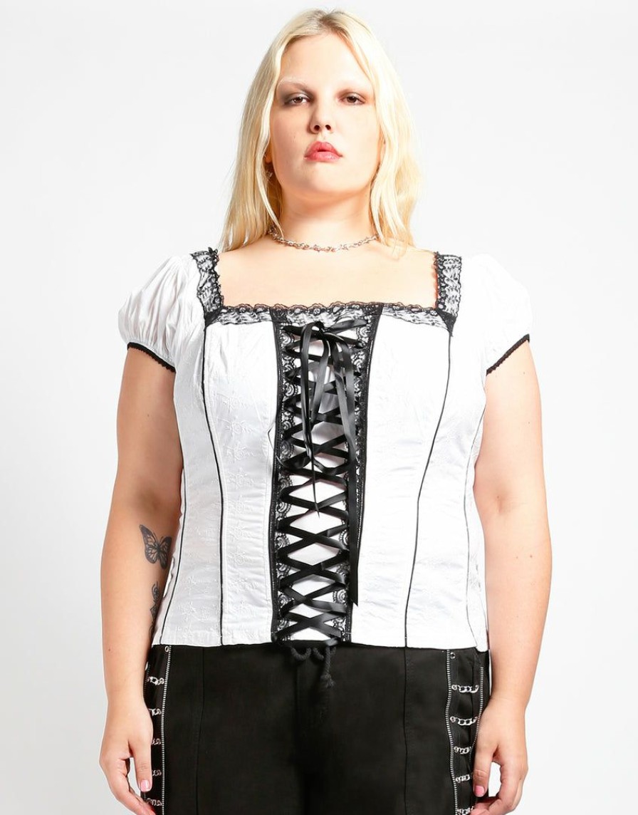 Women * | Trippnyc.Com Women Curve Cap Sleeve Skull Embroidery Corset White Skull