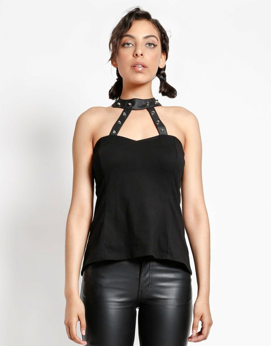 Women * | Trippnyc.Com Women Studded Halter Top Black