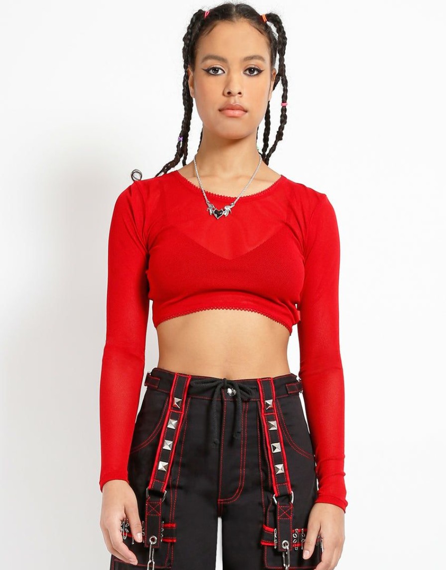 Women * | Trippnyc.Com Women Long Sleeve Crop Fishnet Red