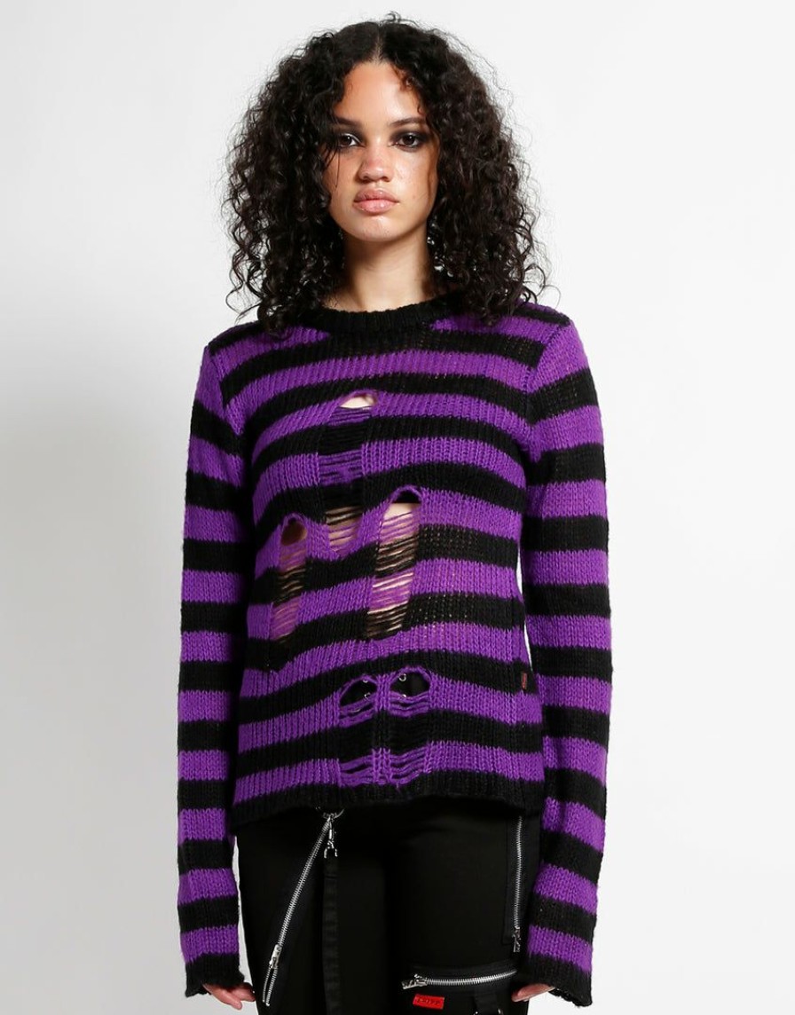 Women * | Trippnyc.Com Women Rag Stripe Sweater Purple Black/Purple