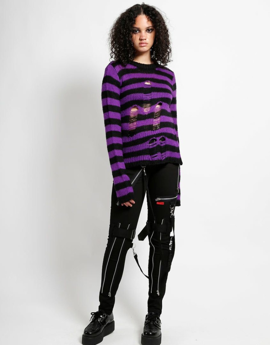 Women * | Trippnyc.Com Women Rag Stripe Sweater Purple Black/Purple