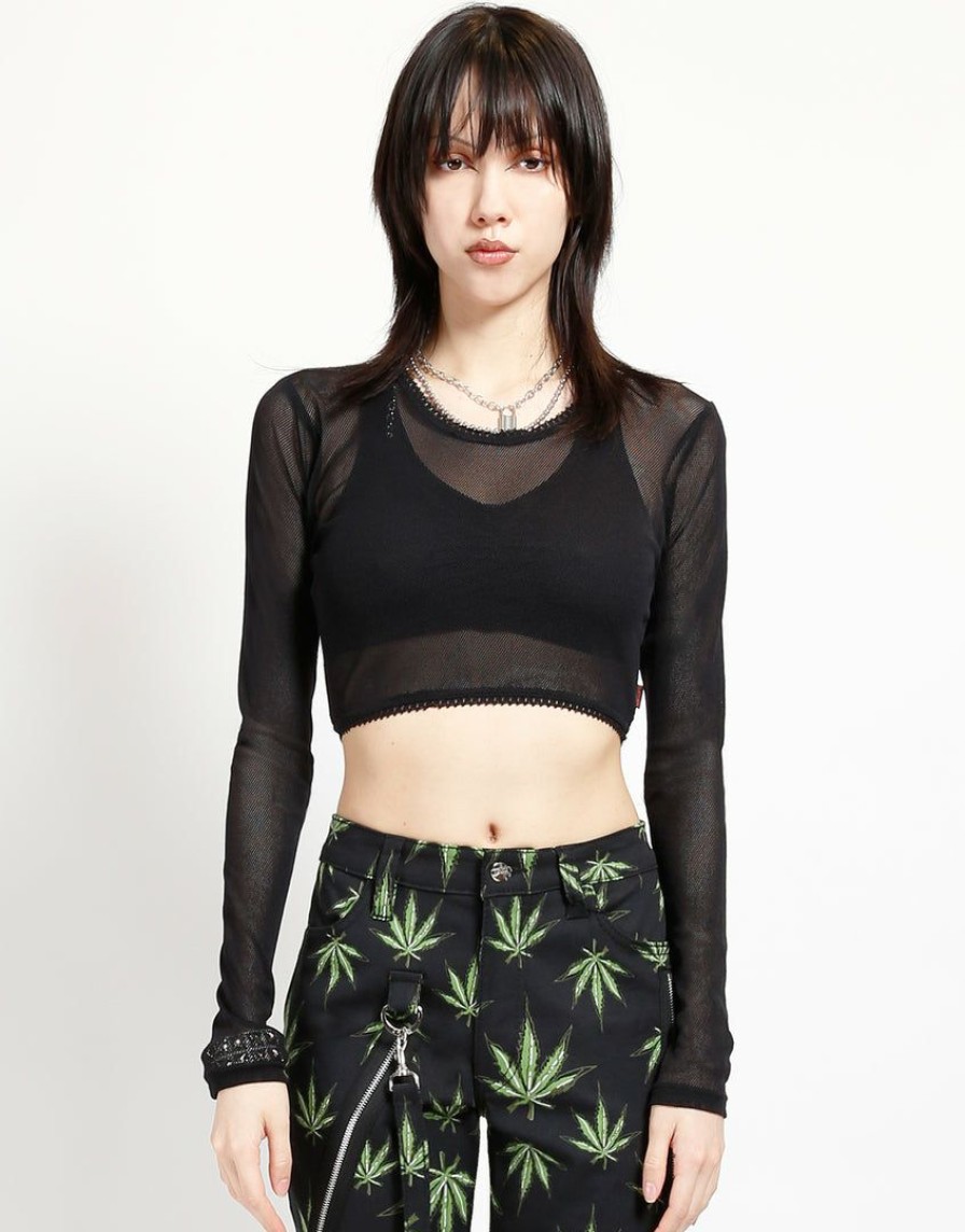 Women * | Trippnyc.Com Women Long Sleeve Crop Fishnet Black