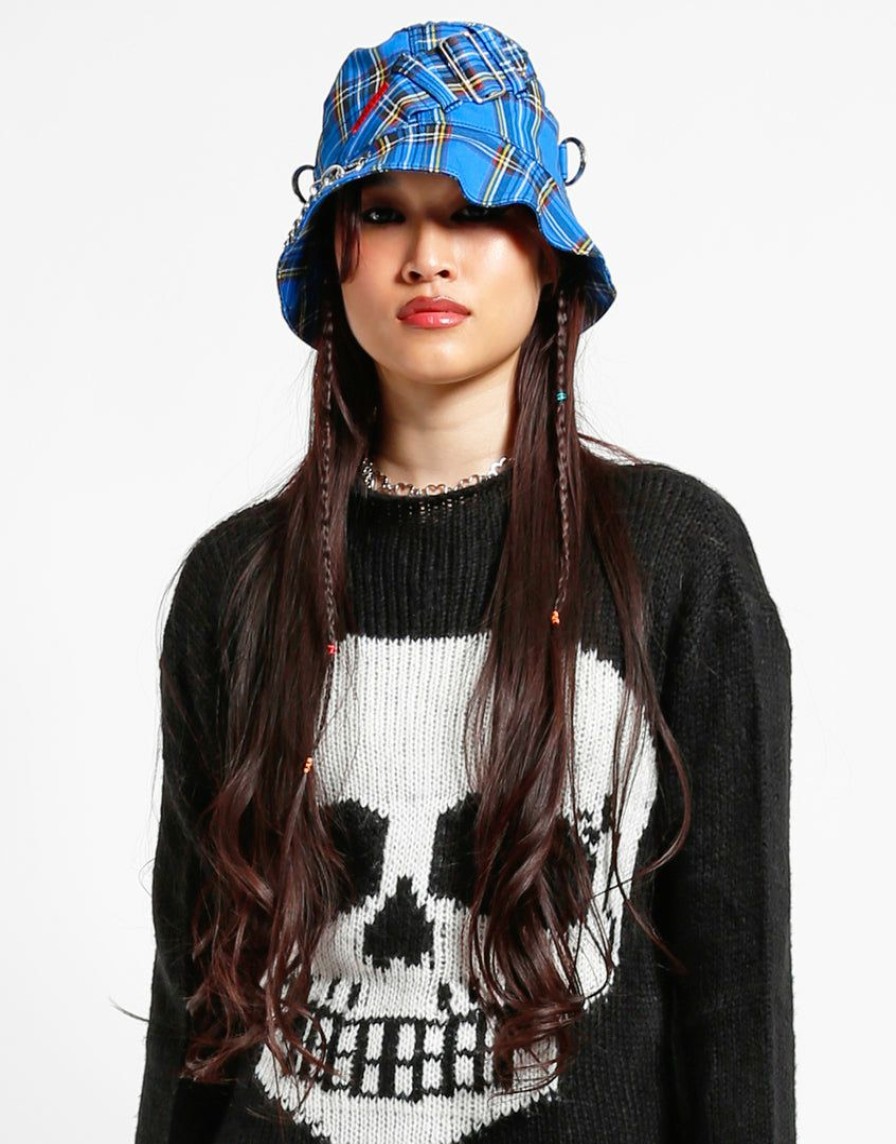 Women * | Trippnyc.Com Women Bondage Bucket Hat Blue Plaid