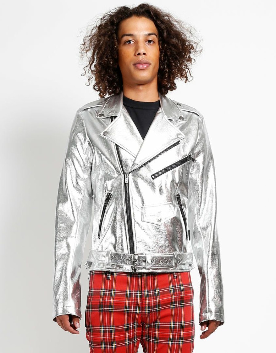 Men * | Trippnyc.Com Metallic Moto Men Silver