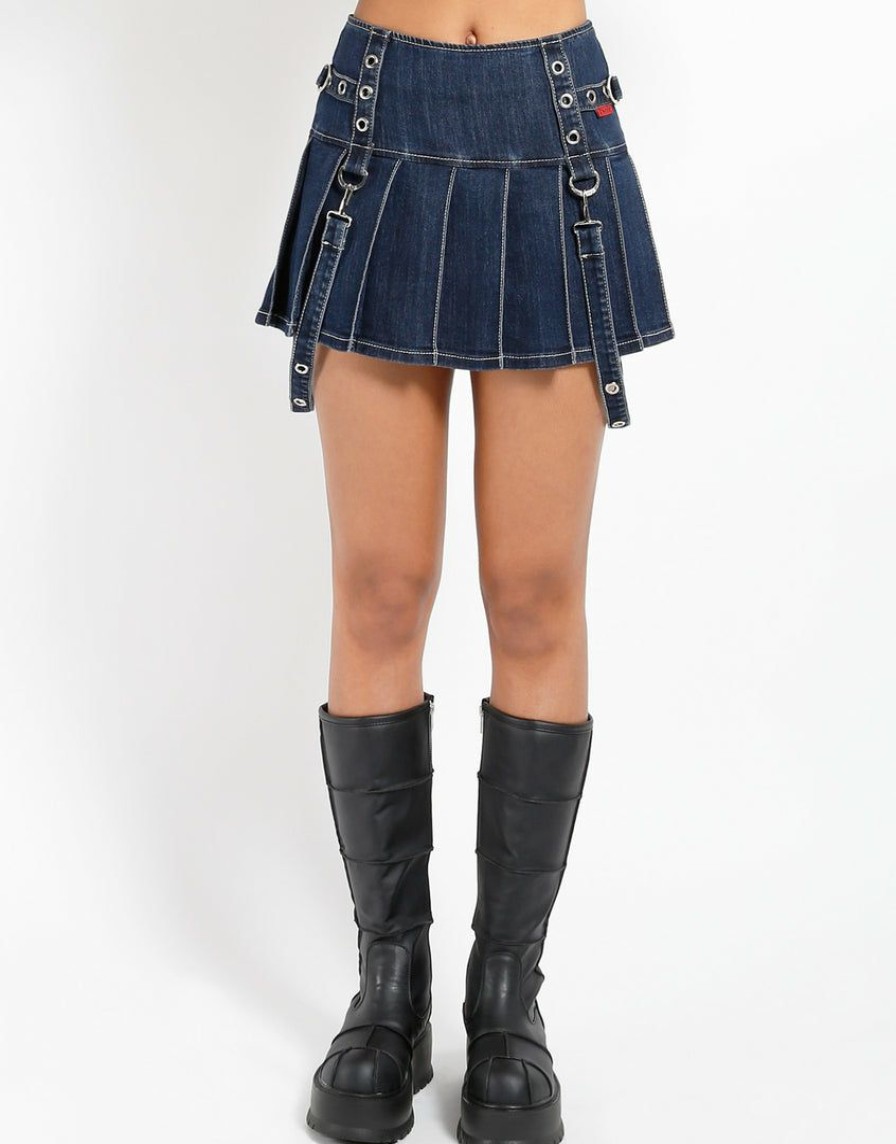 Women * | Trippnyc.Com Denim Pleated Bondage Skirt Women Blue Denim