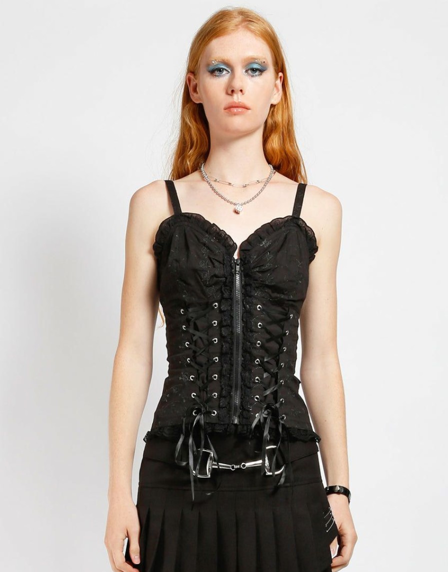 Women * | Trippnyc.Com Women Skull Embroidery Corset Black Skull