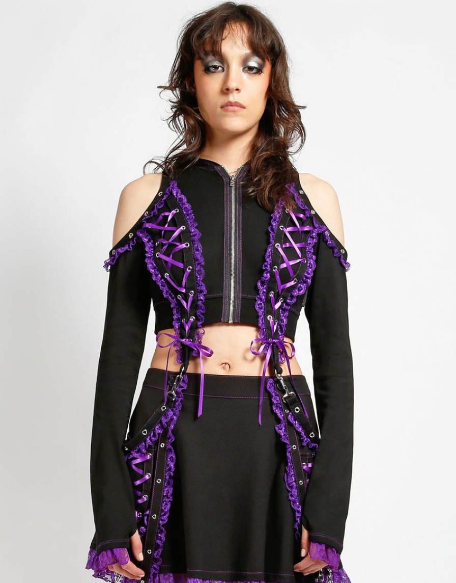 Women * | Trippnyc.Com Lolita Crop Hoody Purple Women Black/Purple