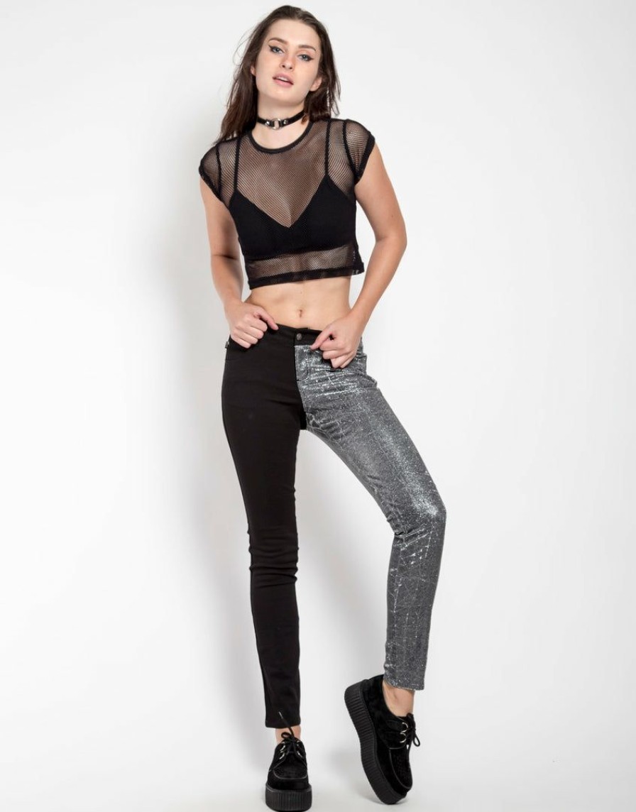 Women * | Trippnyc.Com Split Shine Jean Silver Women Black/Silver