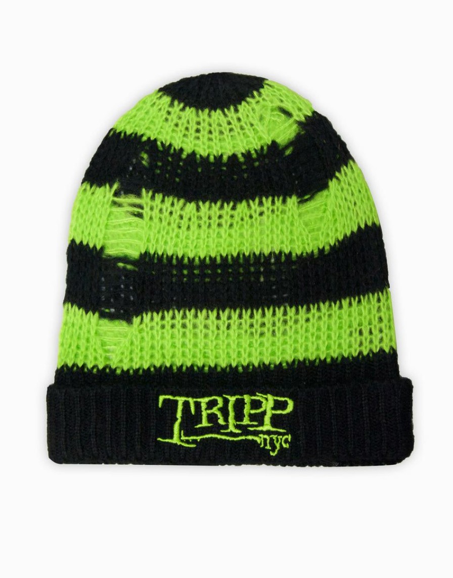 Women * | Trippnyc.Com Tripp Nyc Stripe Beanie Lime Women Black/Lime