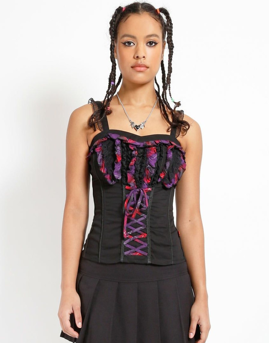 Women * | Trippnyc.Com Ruffle Plaid Laceup Corset Women Blk/Purple/Burg