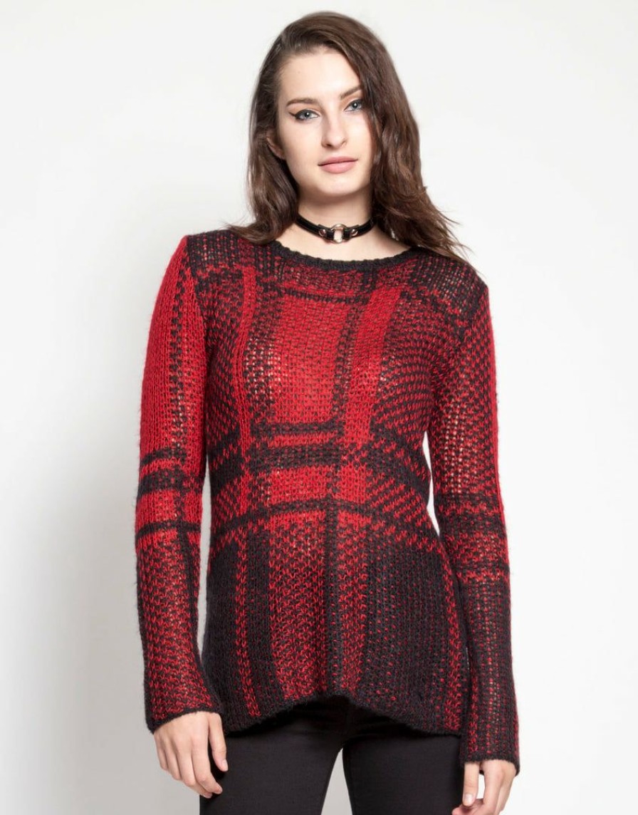 Women * | Trippnyc.Com Women Plaid Sweater Red/Black