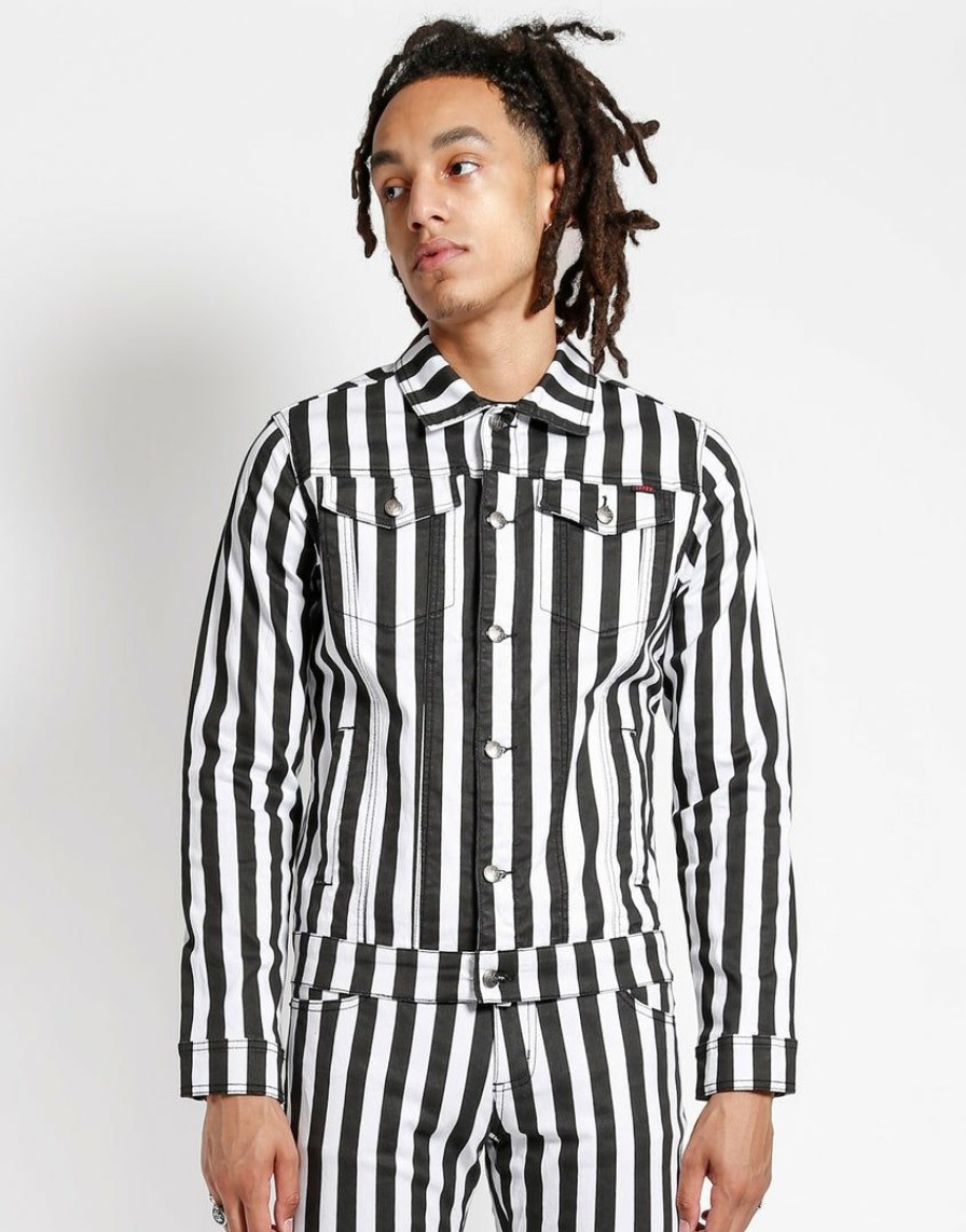 Men * | Trippnyc.Com Medium Stripe Trucker Jacket Medium Black/White Stripes