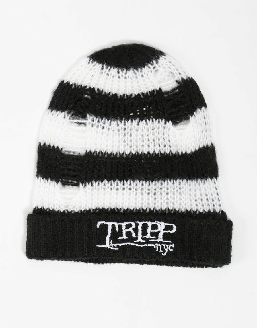 Women * | Trippnyc.Com Women Tripp Nyc Stripe Beanie White Black/White