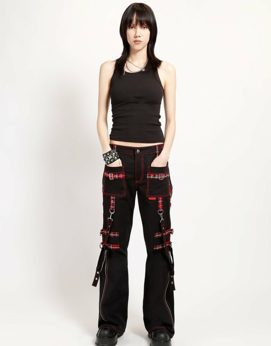 Women * | Trippnyc.Com Women Strap And Ring Pant Black/Red Plaid Straps