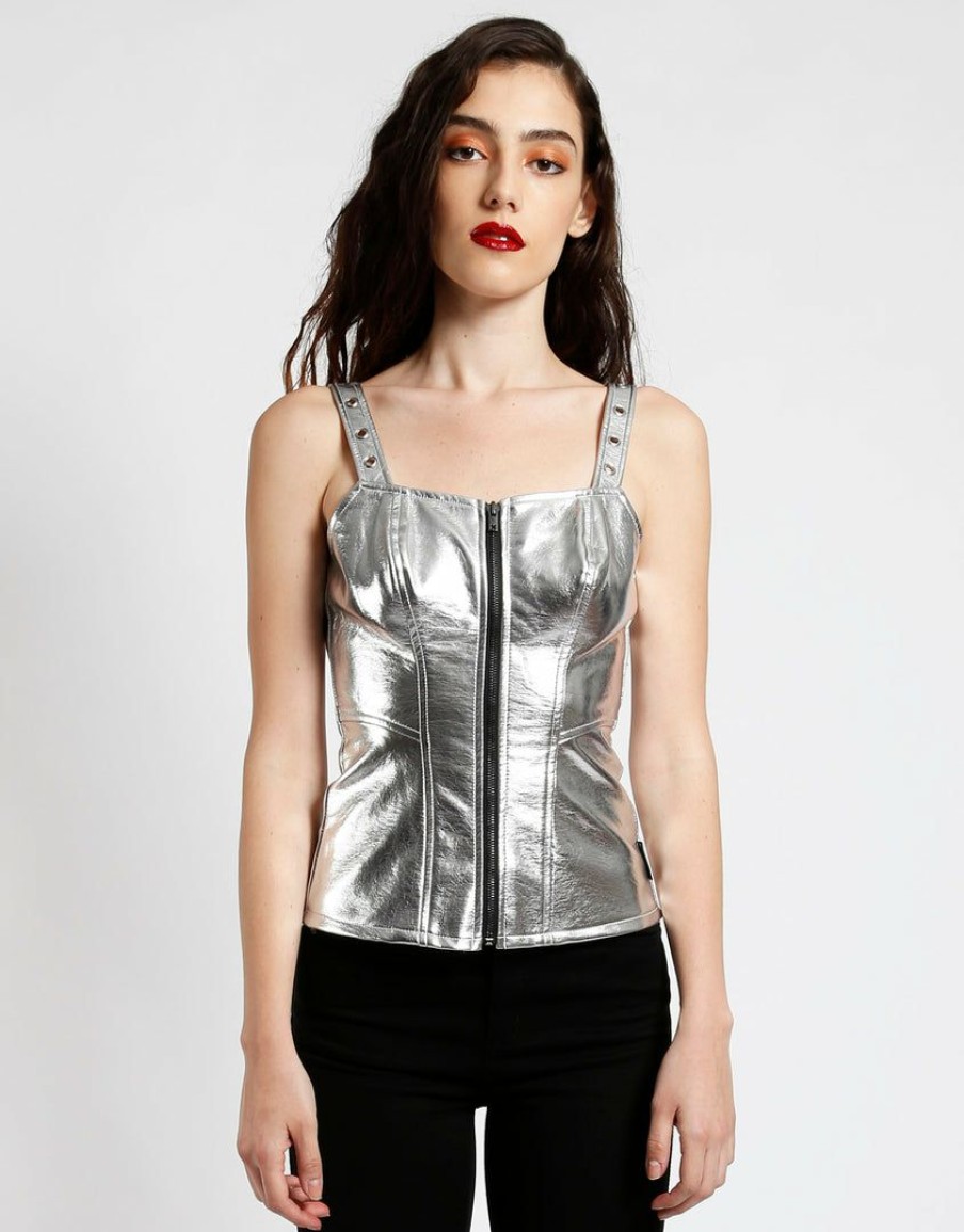 Women * | Trippnyc.Com Women Metallic Zip Corset Silver