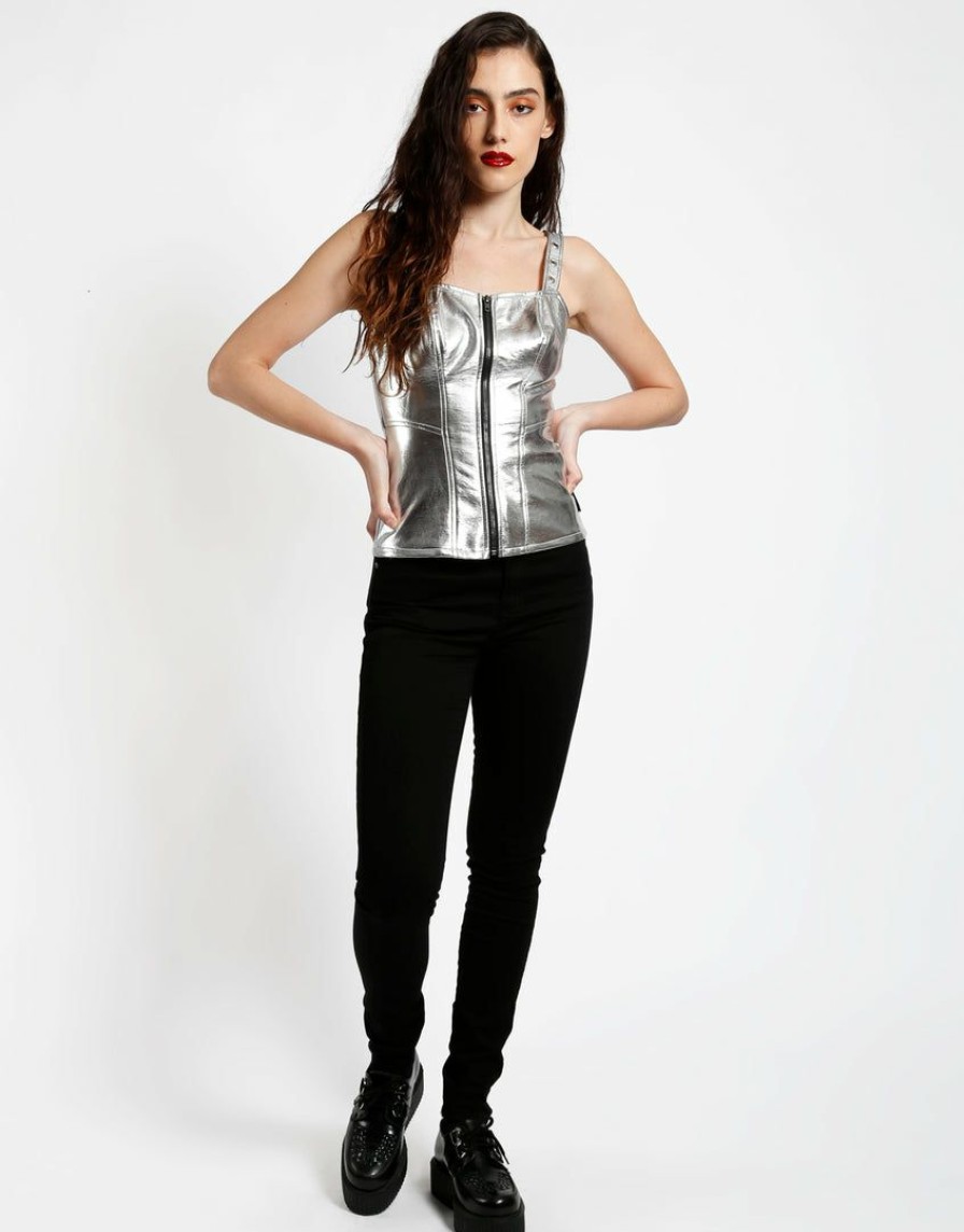 Women * | Trippnyc.Com Women Metallic Zip Corset Silver