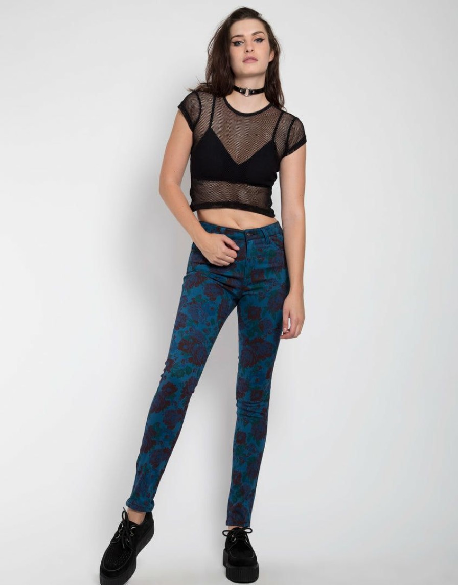 Women * | Trippnyc.Com High Waist Floral Skinny Turq Floral