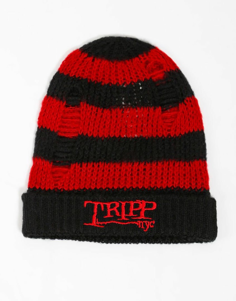 Women * | Trippnyc.Com Tripp Nyc Stripe Beanie Red Women Black/Red