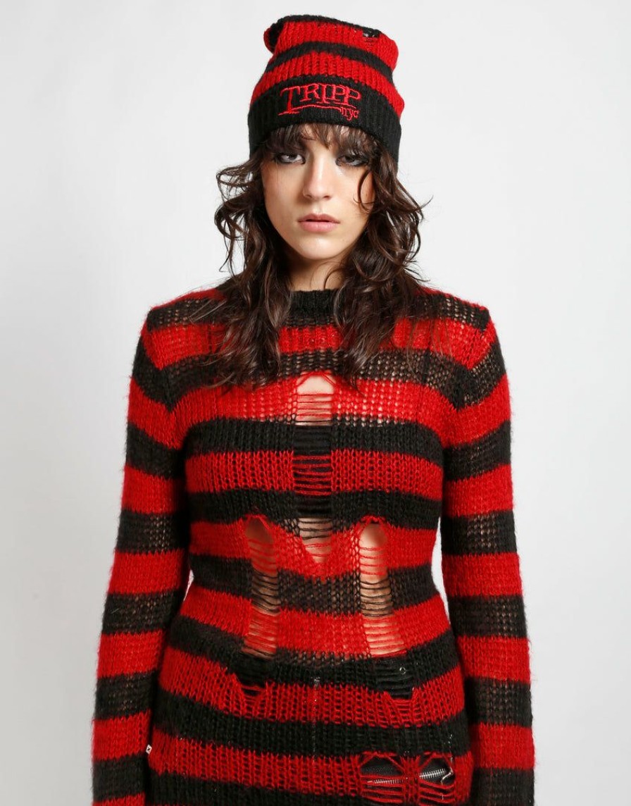 Women * | Trippnyc.Com Tripp Nyc Stripe Beanie Red Women Black/Red