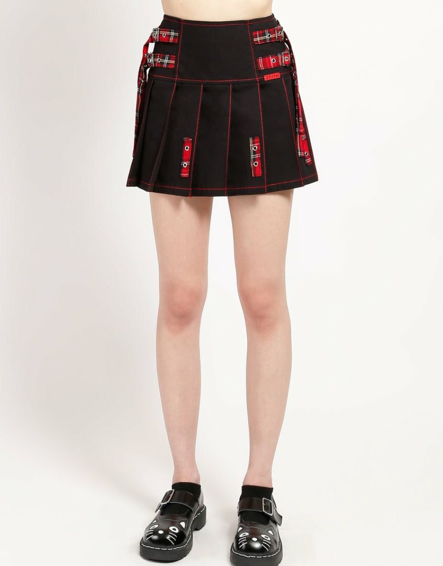 Women * | Trippnyc.Com Pleated Strap Skirt Women Black/Red Plaid Straps