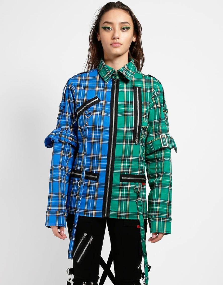 Women * | Trippnyc.Com Women Split Punk Jacket Blue/Green Plaid