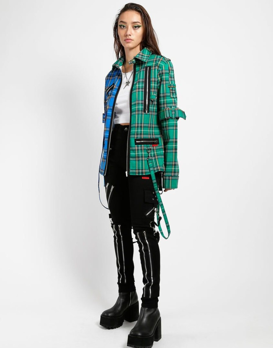 Women * | Trippnyc.Com Women Split Punk Jacket Blue/Green Plaid