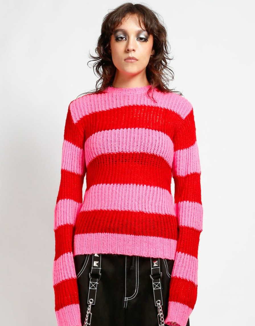 Women * | Trippnyc.Com Women Open Stripe Sweater Pink/Red