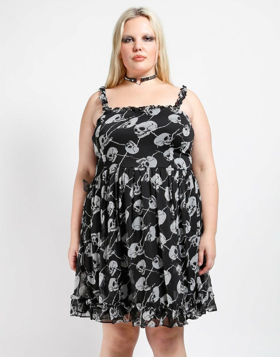 Women * | Trippnyc.Com Women Curve Ruffle Dress Black/White Skull